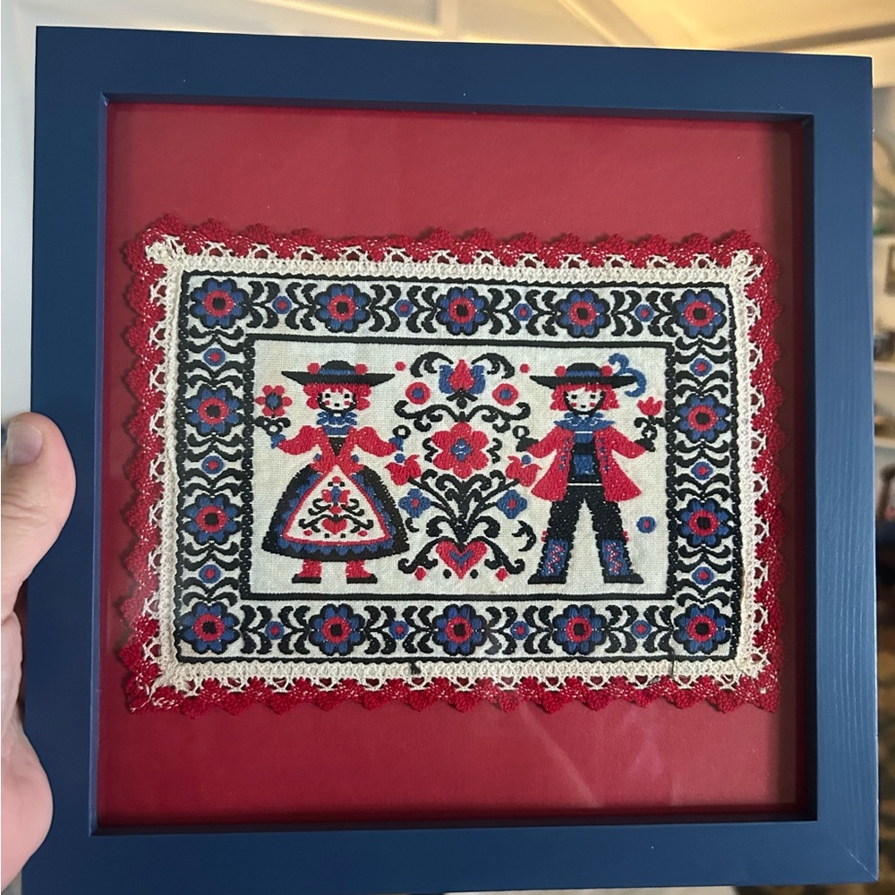 Antique Doily Dutch Austrian Folk Art Embroidered Wall Art in Blue and Red Frame